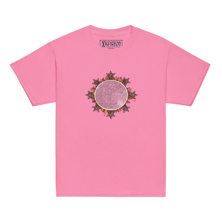 An azalea pink Xigfireon kids graphic t-shirt featuring the Eclipsed iteration of the `Morning Star Fire` Celtic knot design. The `Morning Star Fire` Celtic knot represents the sun.