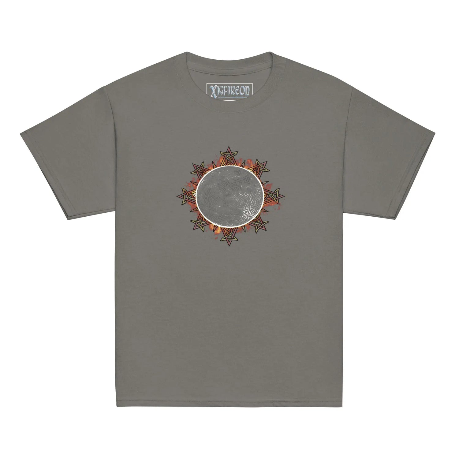 A charcoal grey Xigfireon kids graphic t-shirt featuring the Eclipsed iteration of the `Morning Star Fire` Celtic knot design. The `Morning Star Fire` Celtic knot represents the sun.