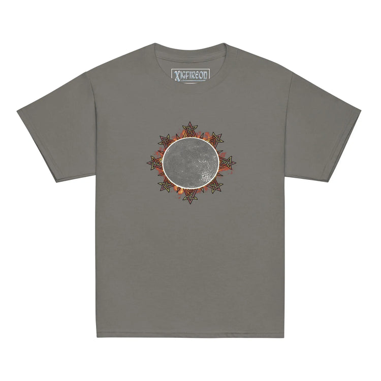 A charcoal grey Xigfireon kids graphic t-shirt featuring the Eclipsed iteration of the `Morning Star Fire` Celtic knot design. The `Morning Star Fire` Celtic knot represents the sun.