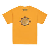 A gold Xigfireon kids graphic t-shirt featuring the Eclipsed iteration of the `Morning Star Fire` Celtic knot design. The `Morning Star Fire` Celtic knot represents the sun.