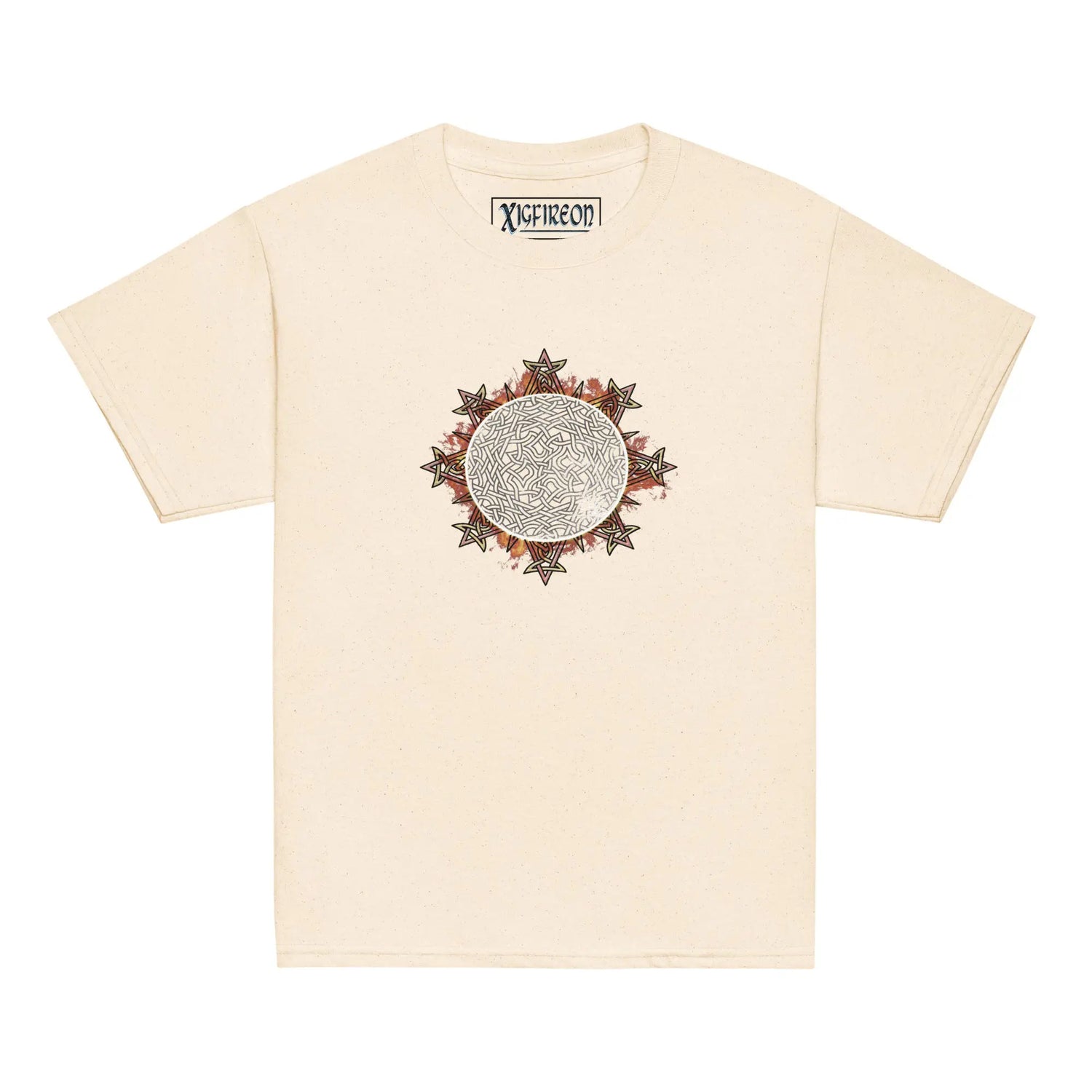 A natural Xigfireon kids graphic t-shirt featuring the Eclipsed iteration of the `Morning Star Fire` Celtic knot design. The `Morning Star Fire` Celtic knot represents the sun.