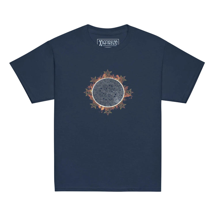 A navy blue Xigfireon kids graphic t-shirt featuring the Eclipsed iteration of the `Morning Star Fire` Celtic knot design. The `Morning Star Fire` Celtic knot represents the sun.