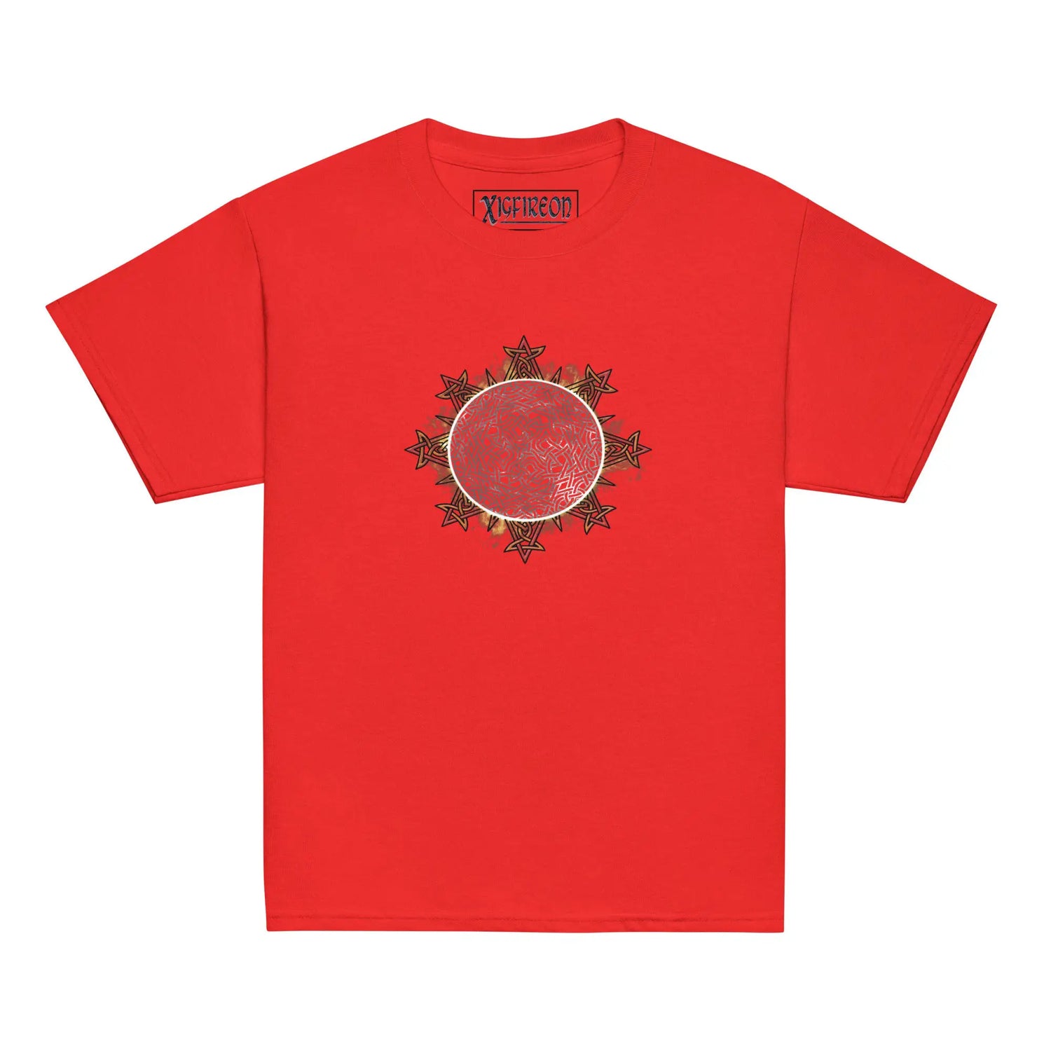 A red Xigfireon kids graphic t-shirt featuring the Eclipsed iteration of the `Morning Star Fire` Celtic knot design. The `Morning Star Fire` Celtic knot represents the sun.