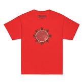 A red Xigfireon kids graphic t-shirt featuring the Eclipsed iteration of the `Morning Star Fire` Celtic knot design. The `Morning Star Fire` Celtic knot represents the sun.