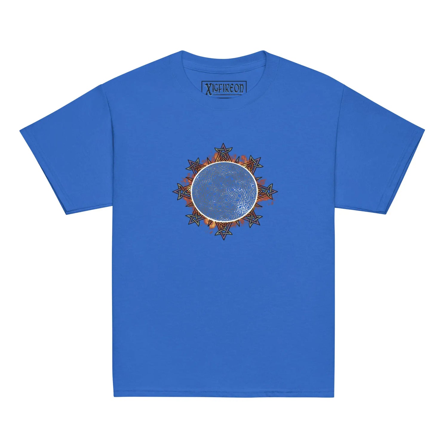 A royal blue Xigfireon kids graphic t-shirt featuring the Eclipsed iteration of the `Morning Star Fire` Celtic knot design. The `Morning Star Fire` Celtic knot represents the sun.