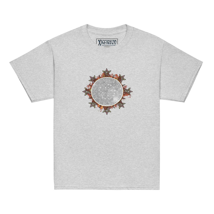 A sport grey Xigfireon kids graphic t-shirt featuring the Eclipsed iteration of the `Morning Star Fire` Celtic knot design. The `Morning Star Fire` Celtic knot represents the sun.