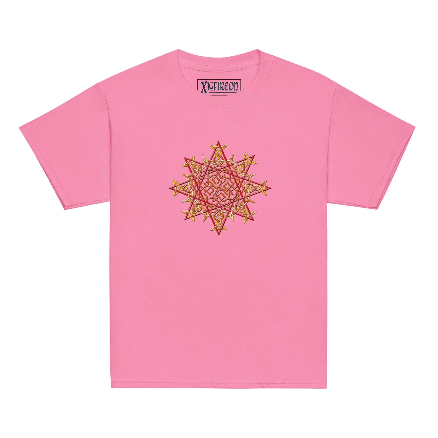 An azalea pink Xigfireon kids graphic t-shirt featuring the Fire Colour iteration of the `Morning Star Fire` Celtic knot design. The `Morning Star Fire` Celtic knot symbolizes Father Sun and the eternal Cosmic Light.