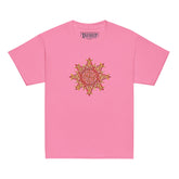 An azalea pink Xigfireon kids graphic t-shirt featuring the Fire Colour iteration of the `Morning Star Fire` Celtic knot design. The `Morning Star Fire` Celtic knot symbolizes Father Sun and the eternal Cosmic Light.