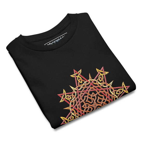 A folded royal black Xigfireon kids graphic t-shirt featuring the Fire Colour iteration of the `Morning Star Fire` Celtic knot design. The `Morning Star Fire` Celtic knot symbolizes Father Sun and the eternal Cosmic Light.