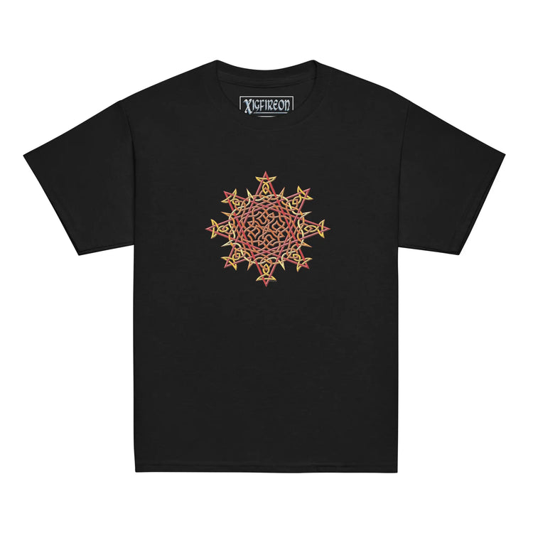 A black Xigfireon kids graphic t-shirt featuring the Fire Colour iteration of the `Morning Star Fire` Celtic knot design. The `Morning Star Fire` Celtic knot symbolizes Father Sun and the eternal Cosmic Light.