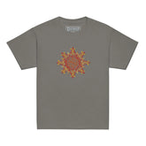 A charcoal grey Xigfireon kids graphic t-shirt featuring the Fire Colour iteration of the `Morning Star Fire` Celtic knot design. The `Morning Star Fire` Celtic knot symbolizes Father Sun and the eternal Cosmic Light.