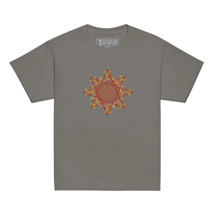 A charcoal grey Xigfireon kids graphic t-shirt featuring the Fire Colour iteration of the `Morning Star Fire` Celtic knot design. The `Morning Star Fire` Celtic knot symbolizes Father Sun and the eternal Cosmic Light.