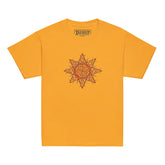 A gold Xigfireon kids graphic t-shirt featuring the Fire Colour iteration of the `Morning Star Fire` Celtic knot design. The `Morning Star Fire` Celtic knot symbolizes Father Sun and the eternal Cosmic Light.