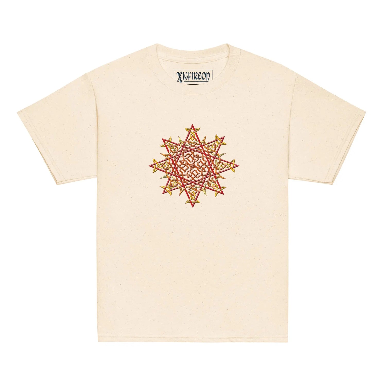 A natural Xigfireon kids graphic t-shirt featuring the Fire Colour iteration of the `Morning Star Fire` Celtic knot design. The `Morning Star Fire` Celtic knot symbolizes Father Sun and the eternal Cosmic Light.