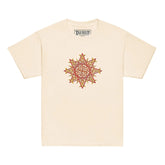 A natural Xigfireon kids graphic t-shirt featuring the Fire Colour iteration of the `Morning Star Fire` Celtic knot design. The `Morning Star Fire` Celtic knot symbolizes Father Sun and the eternal Cosmic Light.