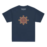 A navy blue Xigfireon kids graphic t-shirt featuring the Fire Colour iteration of the `Morning Star Fire` Celtic knot design. The `Morning Star Fire` Celtic knot symbolizes Father Sun and the eternal Cosmic Light.