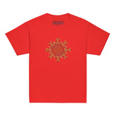 A red Xigfireon kids graphic t-shirt featuring the Fire Colour iteration of the `Morning Star Fire` Celtic knot design. The `Morning Star Fire` Celtic knot symbolizes Father Sun and the eternal Cosmic Light.