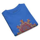 A folded royal blue Xigfireon kids graphic t-shirt featuring the Fire Colour iteration of the `Morning Star Fire` Celtic knot design. The `Morning Star Fire` Celtic knot symbolizes Father Sun and the eternal Cosmic Light.