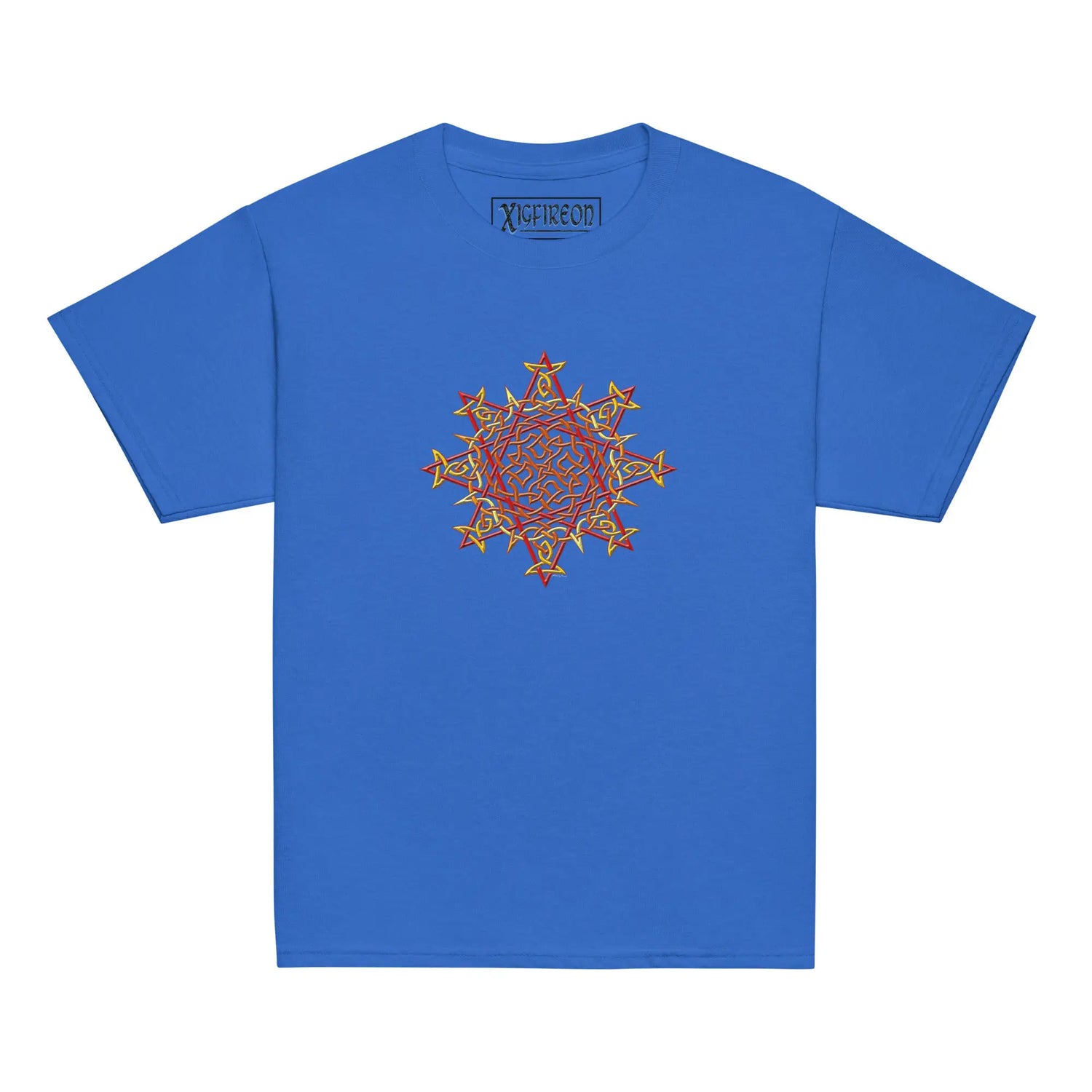 A royal blue Xigfireon kids graphic t-shirt featuring the Fire Colour iteration of the `Morning Star Fire` Celtic knot design. The `Morning Star Fire` Celtic knot symbolizes Father Sun and the eternal Cosmic Light.