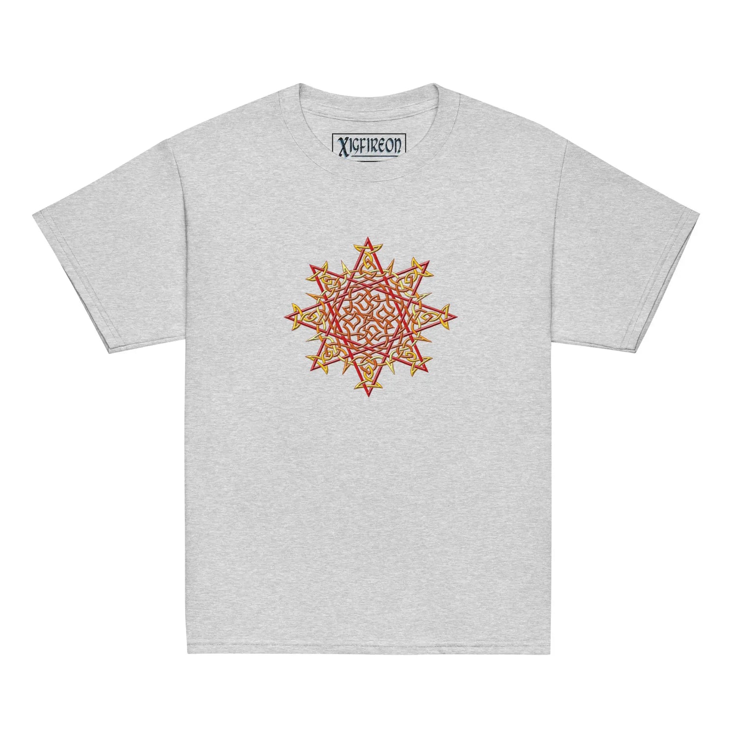 A sport grey Xigfireon kids graphic t-shirt featuring the Fire Colour iteration of the `Morning Star Fire` Celtic knot design. The `Morning Star Fire` Celtic knot symbolizes Father Sun and the eternal Cosmic Light.