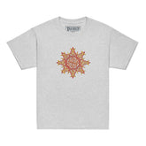 A sport grey Xigfireon kids graphic t-shirt featuring the Fire Colour iteration of the `Morning Star Fire` Celtic knot design. The `Morning Star Fire` Celtic knot symbolizes Father Sun and the eternal Cosmic Light.