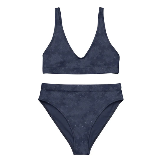 The front side of a Xigfireon graphic bikini featuring the Midnight Blue Cosmos patterned series of the `Morning Star Fire` Celtic knot design.