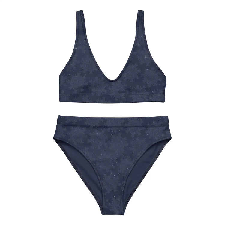 The front side of a Xigfireon graphic bikini featuring the Midnight Blue Cosmos patterned series of the `Morning Star Fire` Celtic knot design.