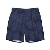 The front side of a pair of Xigfireon graphic swim trunks featuring the Midnight Blue Cosmos patterned series of the `Morning Star Fire` Celtic knot design.