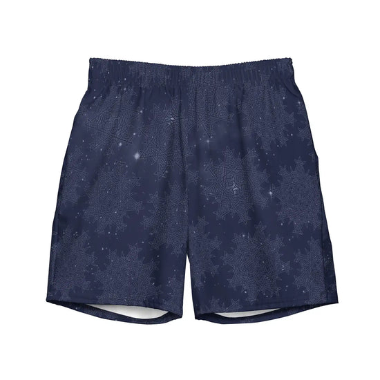 The front side of a pair of Xigfireon graphic swim trunks featuring the Midnight Blue Cosmos patterned series of the `Morning Star Fire` Celtic knot design.
