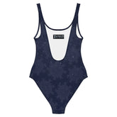 The back side of a Xigfireon graphic swimsuit featuring the Midnight Blue Cosmos patterned series of the `Morning Star Fire` Celtic knot design.