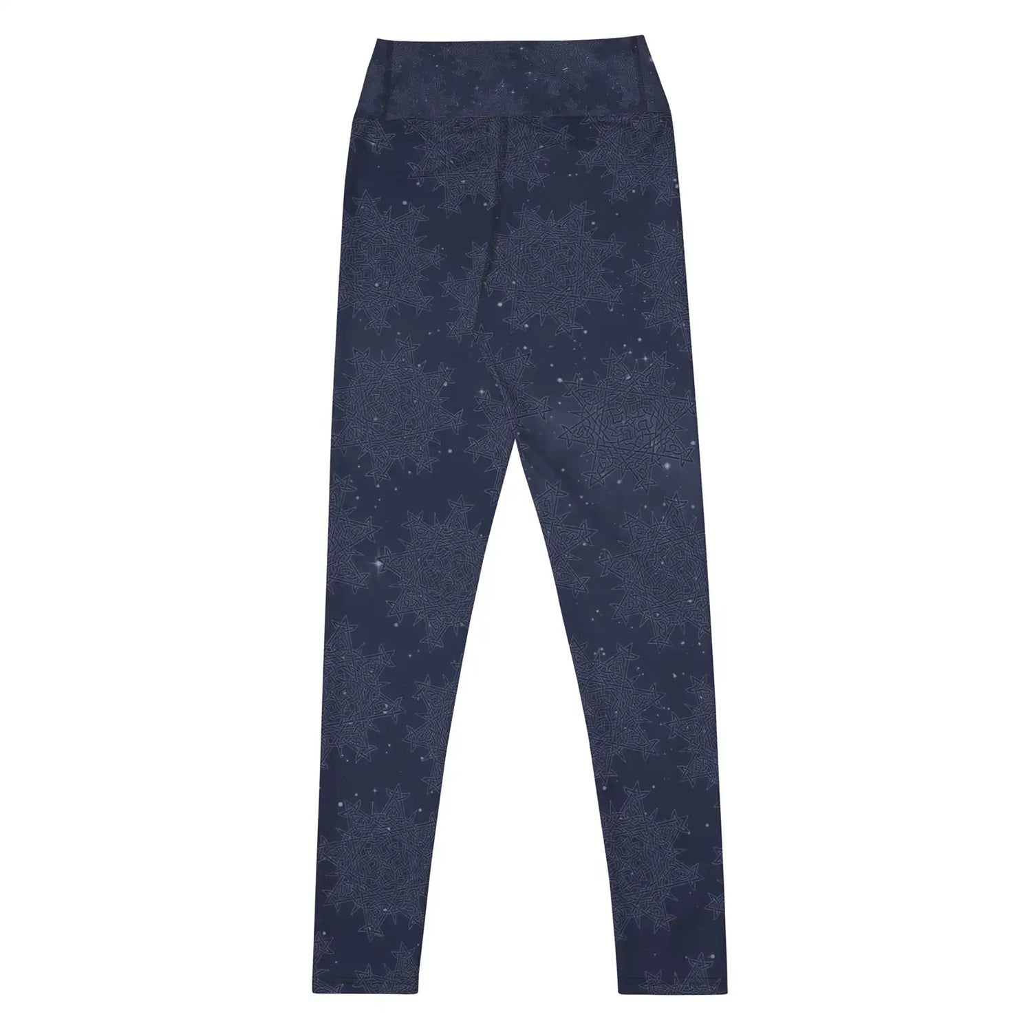 The back side of a pair of Xigfireon graphic yoga leggings featuring the Midnight Blue Cosmos patterned series of the `Morning Star Fire` Celtic knot design.