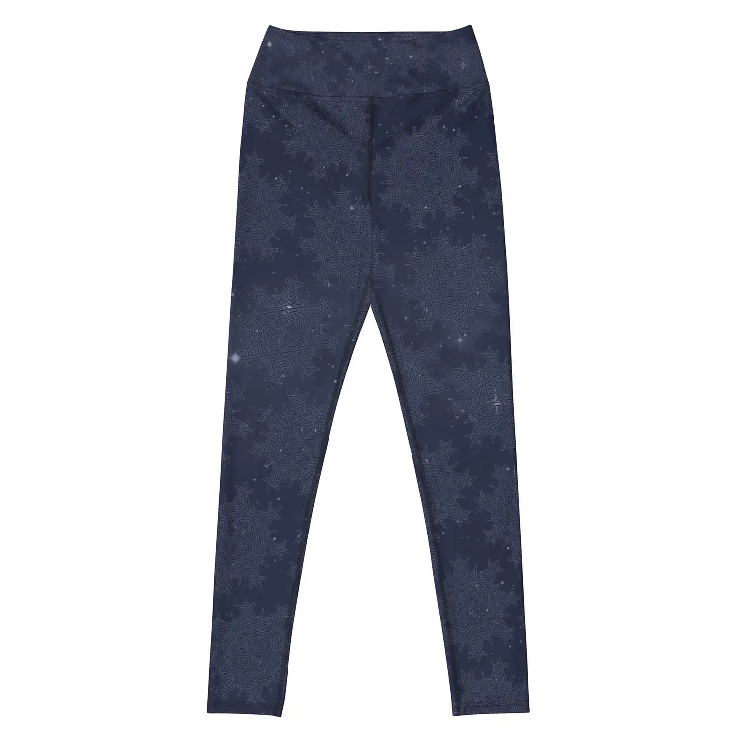 The front side of a pair of Xigfireon graphic yoga leggings featuring the Midnight Blue Cosmos patterned series of the `Morning Star Fire` Celtic knot design.