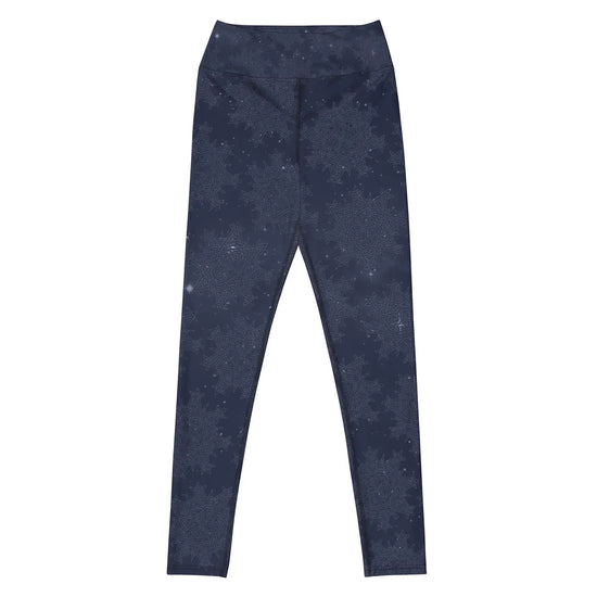 The front side of a pair of Xigfireon graphic yoga leggings featuring the Midnight Blue Cosmos patterned series of the `Morning Star Fire` Celtic knot design.