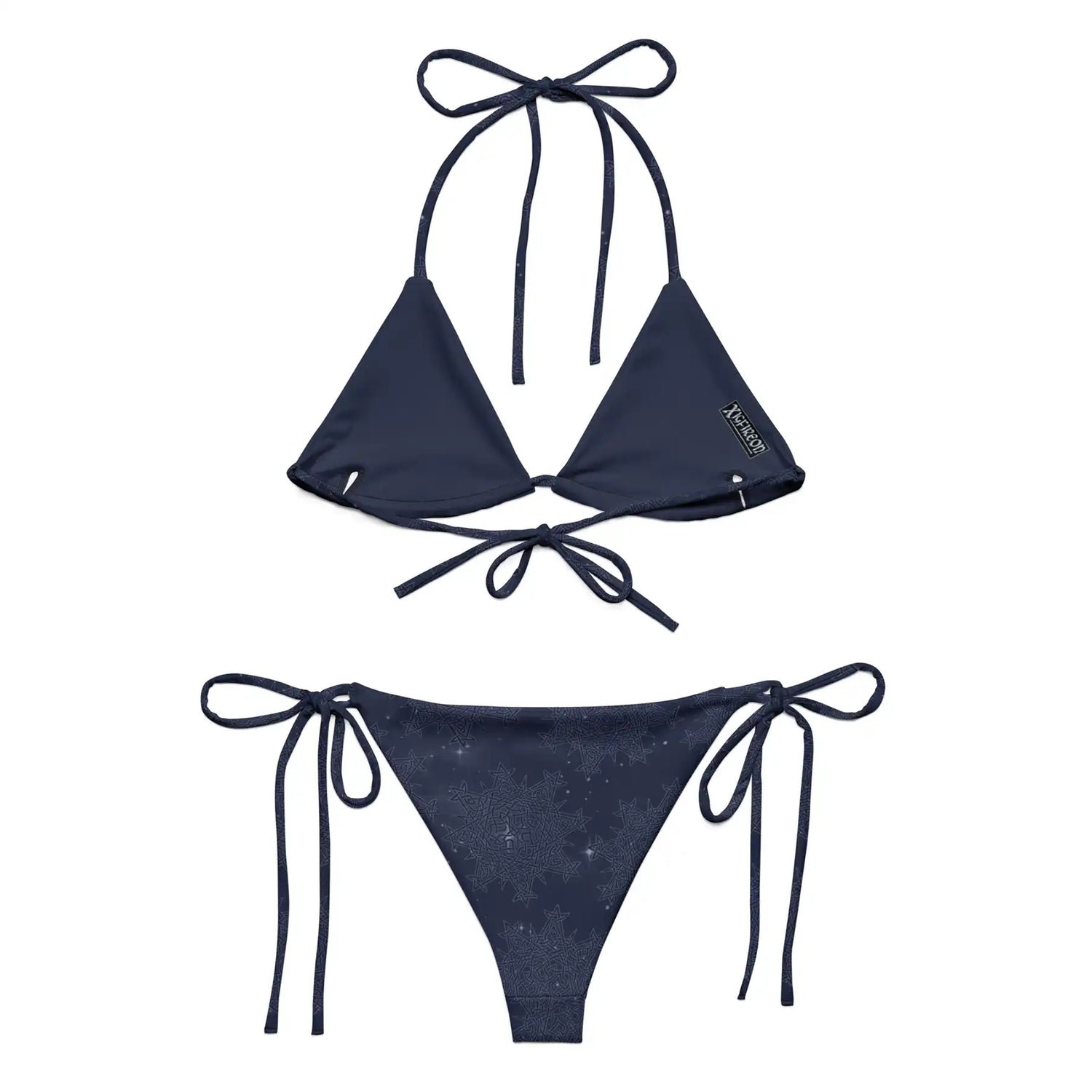 A view of the inside of a string bikini featuring the Midnight Blue Cosmos iteration of the `Morning Star Fire` Celtic knot pattern.