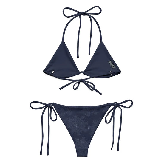 A view of the inside of a string bikini featuring the Midnight Blue Cosmos iteration of the `Morning Star Fire` Celtic knot pattern.