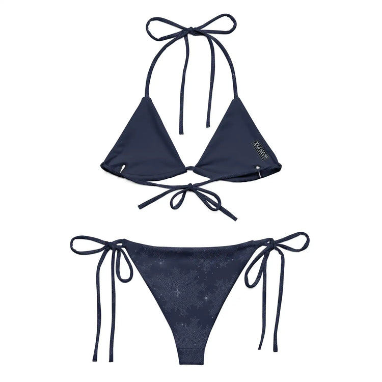 A view of the inside of a string bikini featuring the Midnight Blue Cosmos iteration of the `Morning Star Fire` Celtic knot pattern.