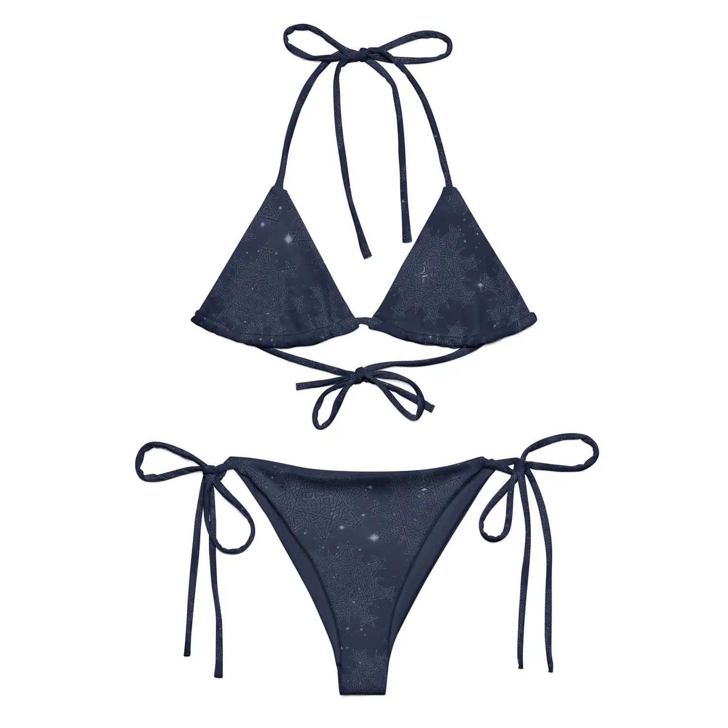 A view of the outside of a string bikini featuring the Midnight Blue Cosmos iteration of the `Morning Star Fire` Celtic knot pattern.
