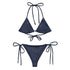 A view of the outside of a string bikini featuring the Midnight Blue Cosmos iteration of the `Morning Star Fire` Celtic knot pattern.