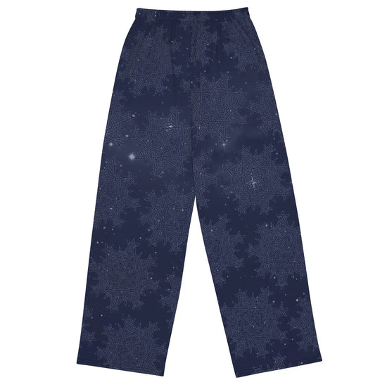 The back side of a pair of Xigfireon graphic wide leg pants featuring the Midnight Blue Cosmos patterned series of the `Morning Star Fire` Celtic knot design.