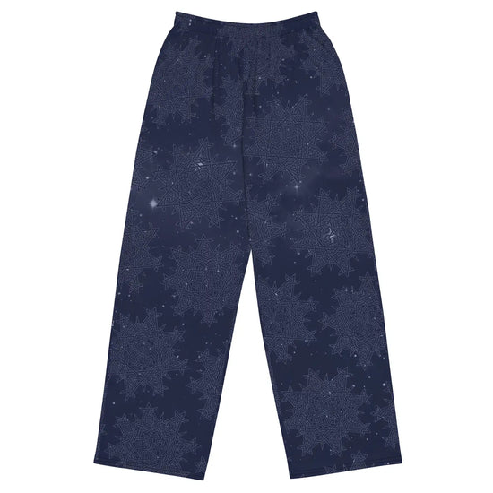 The front side of a pair of Xigfireon graphic wide leg pants featuring the Midnight Blue Cosmos patterned series of the `Morning Star Fire` Celtic knot design.
