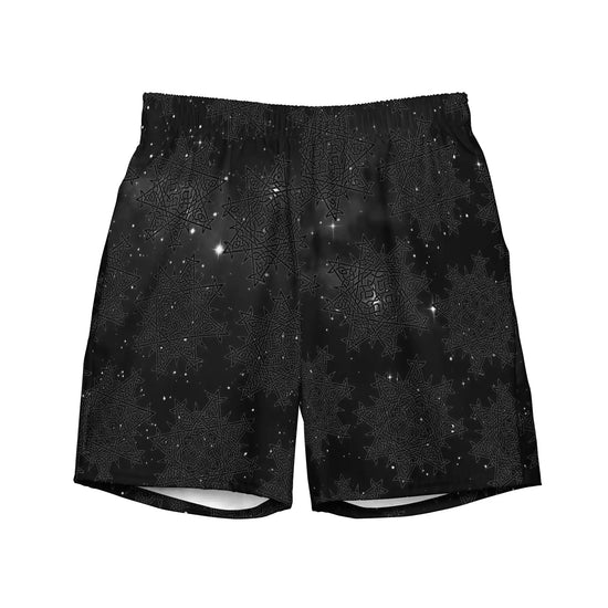 The front side of a pair of Xigfireon graphic swim trunks featuring the Midnight Cosmos patterned series of the `Morning Star Fire` Celtic knot design.