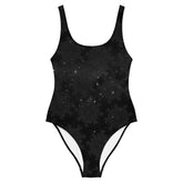 The front side of a Xigfireon graphic swimsuit featuring the Midnight Cosmos patterned series of the `Morning Star Fire` Celtic knot design.