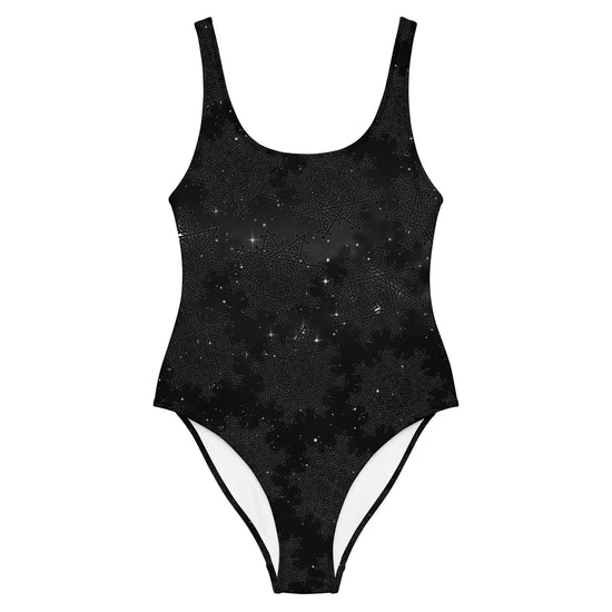The front side of a Xigfireon graphic swimsuit featuring the Midnight Cosmos patterned series of the `Morning Star Fire` Celtic knot design.