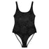 The front side of a Xigfireon graphic swimsuit featuring the Midnight Cosmos patterned series of the `Morning Star Fire` Celtic knot design.