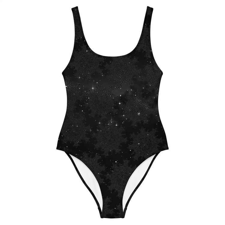 The front side of a Xigfireon graphic swimsuit featuring the Midnight Cosmos patterned series of the `Morning Star Fire` Celtic knot design.