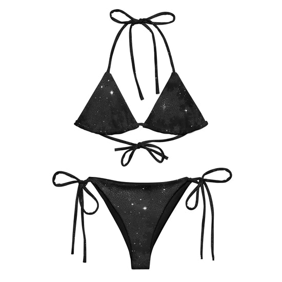 A view of the outside of a string bikini featuring the Midnight Cosmos iteration of the `Morning Star Fire` Celtic knot pattern.