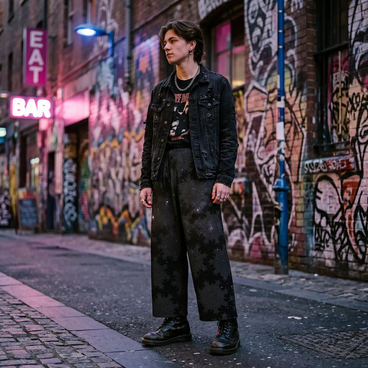 A young man dressed in punk attire, including a black jean jacket, black boots, and a pair of Xigfireon wide-leg pants featuring the Midnight Cosmos `Morning Star Fire` Celtic knot pattern.