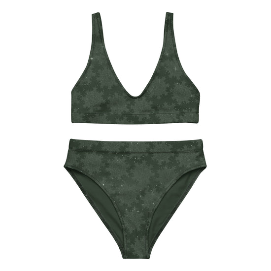 The front side of a Xigfireon graphic bikini featuring the Midnight Green Cosmos patterned series of the `Morning Star Fire` Celtic knot design.