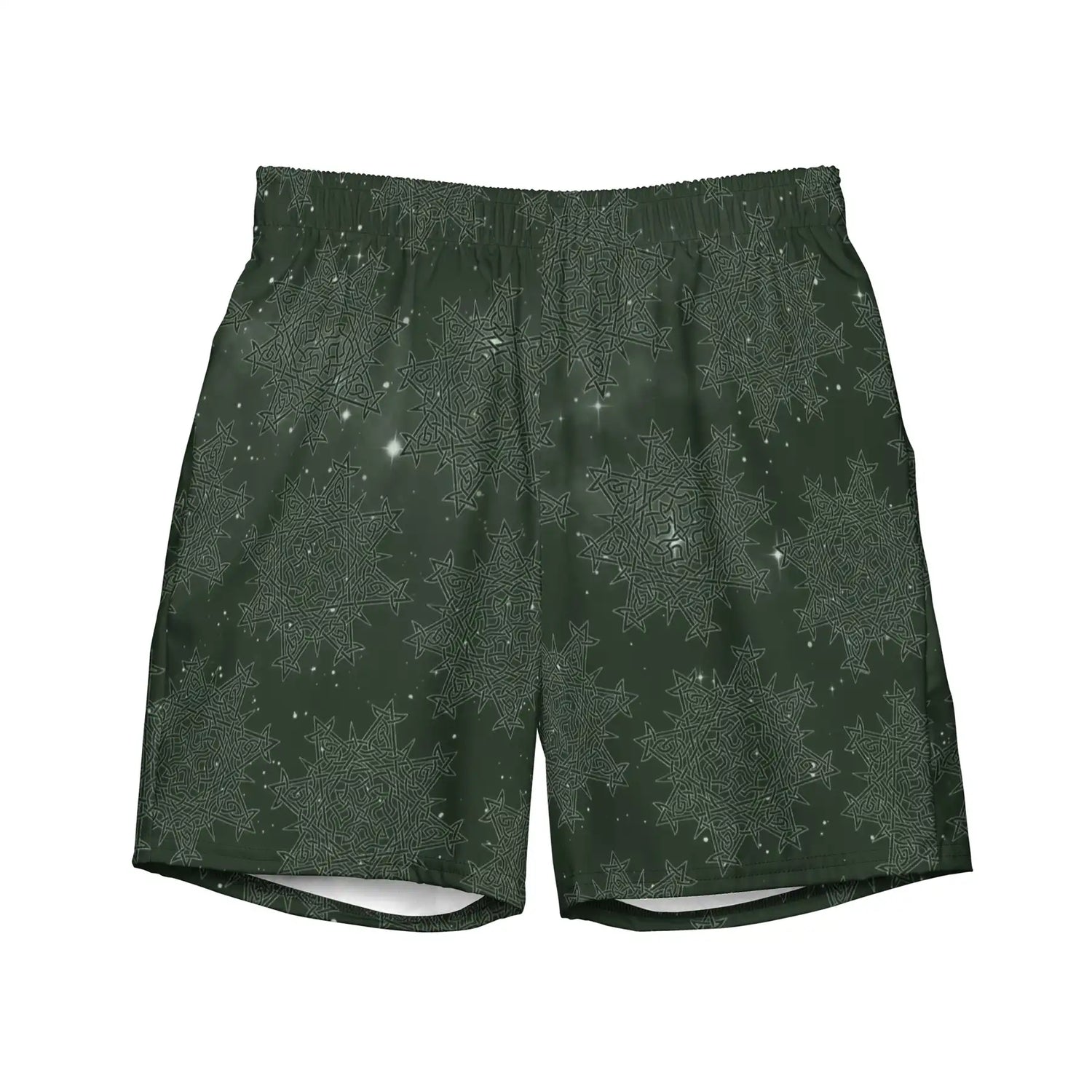 The front side of a pair of Xigfireon graphic swim trunks featuring the Midnight Freen Cosmos patterned series of the `Morning Star Fire` Celtic knot design.