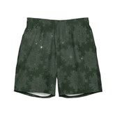 The front side of a pair of Xigfireon graphic swim trunks featuring the Midnight Freen Cosmos patterned series of the `Morning Star Fire` Celtic knot design.